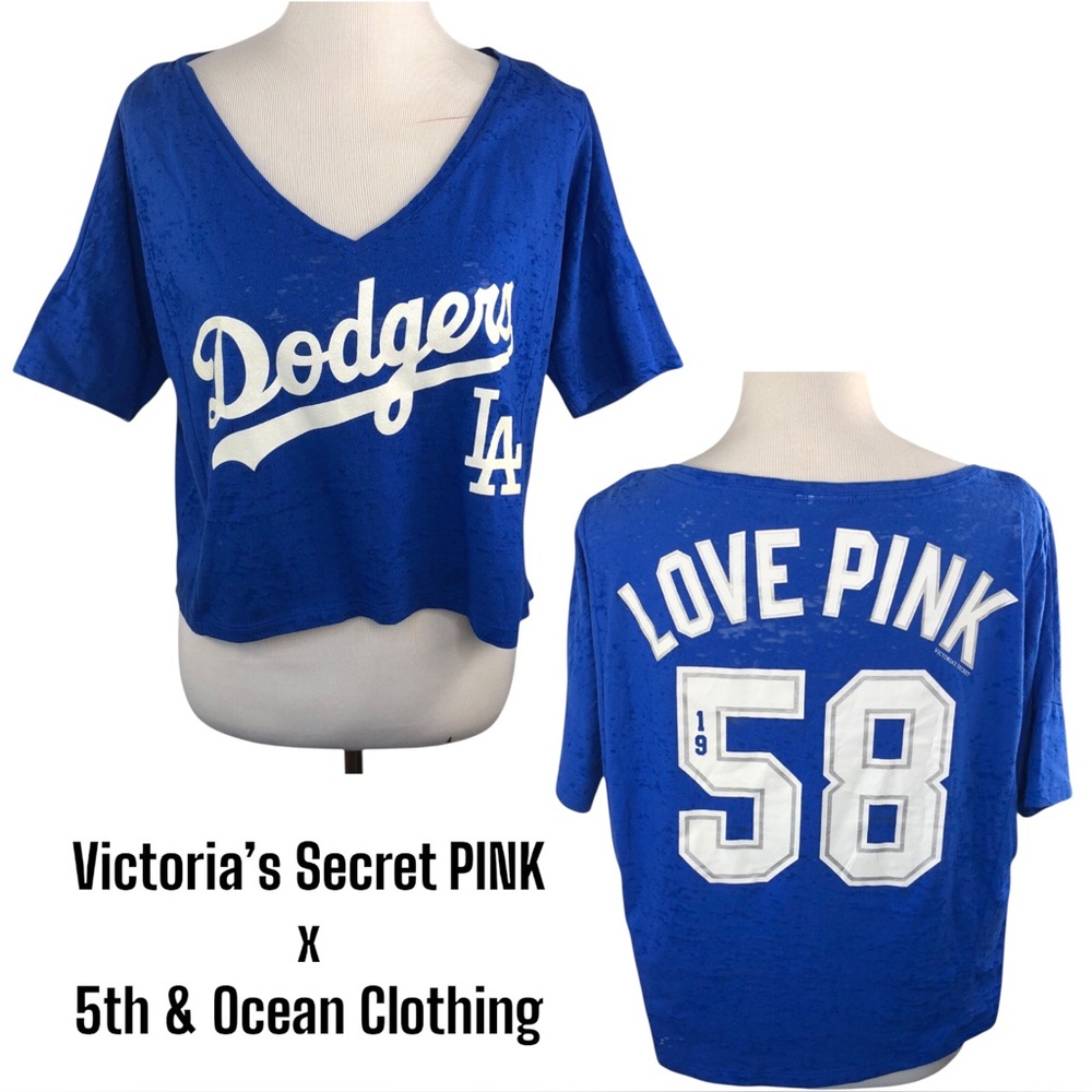 VS PINK LA Dodgers Oversized Cropped T-Shirt w/ White Glitter Logo